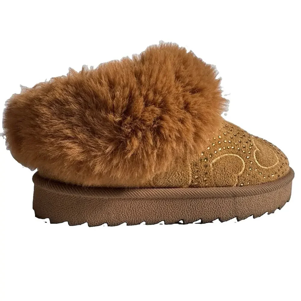 Tahari Girls Size 9 Brown Faux Fur Ankle Boots Hearts Rhinestone Winter